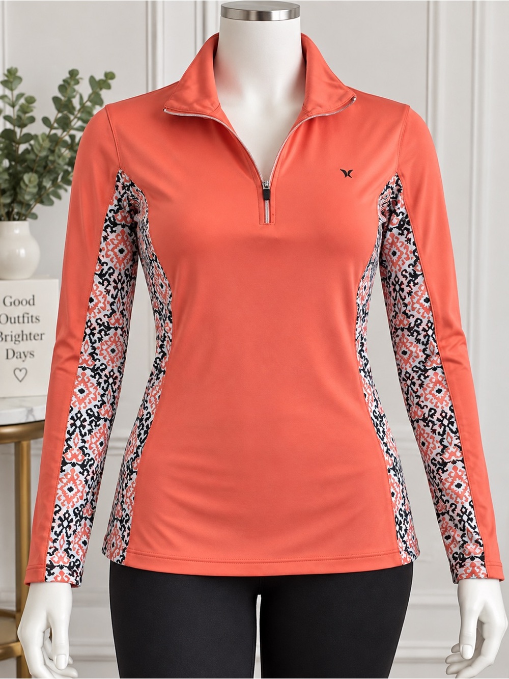 Women’s Coral Quarter Zip Pullover Athletic Top Geometric Print Side Panels S